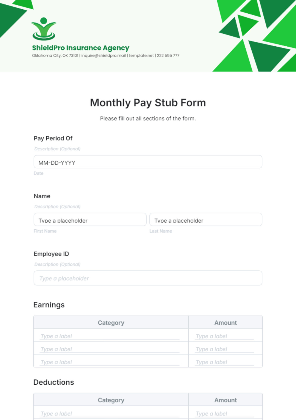 Free Monthly Pay Stub Form Template