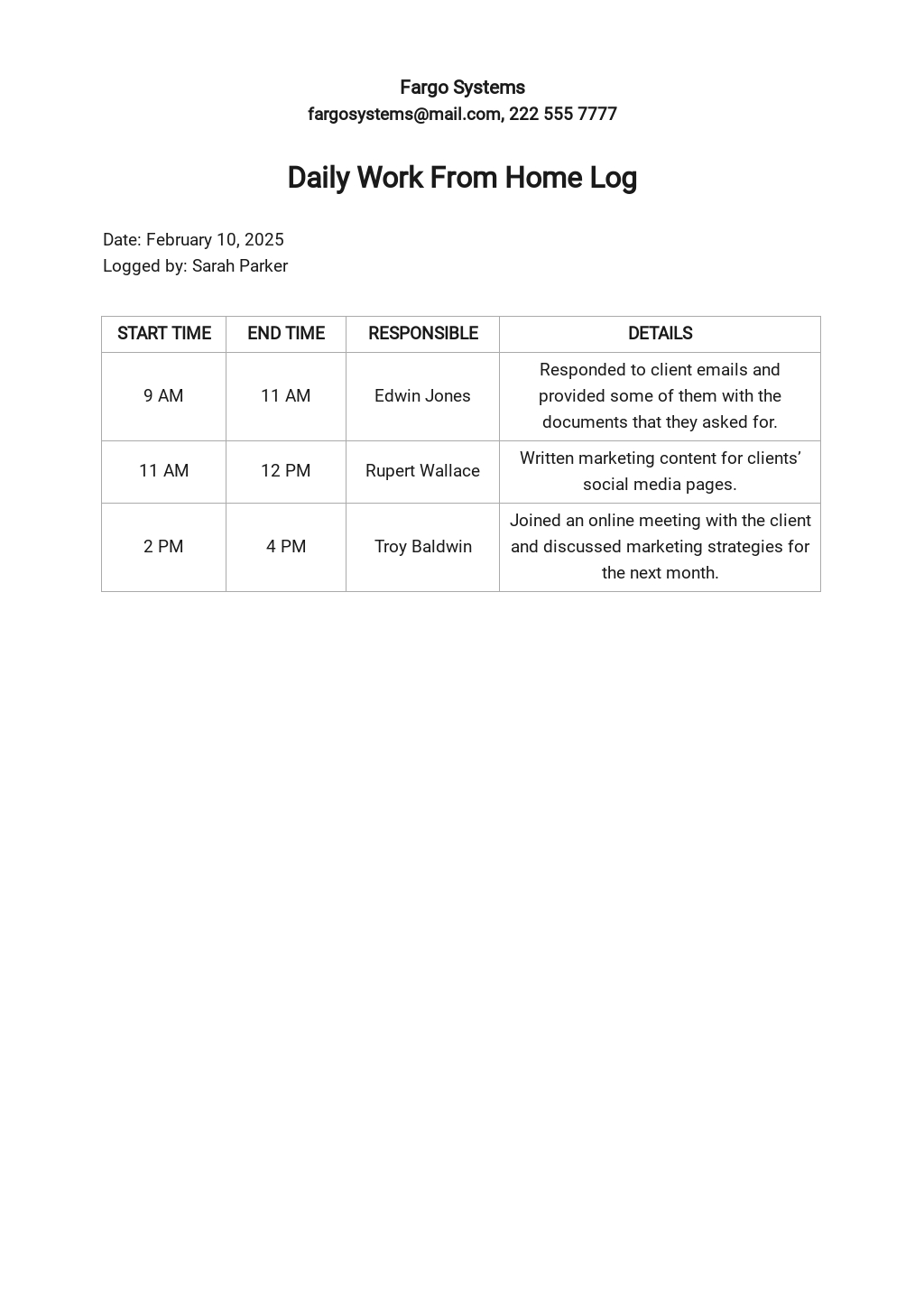 Daily Work From Home Log Template [Free PDF] Word Excel Apple