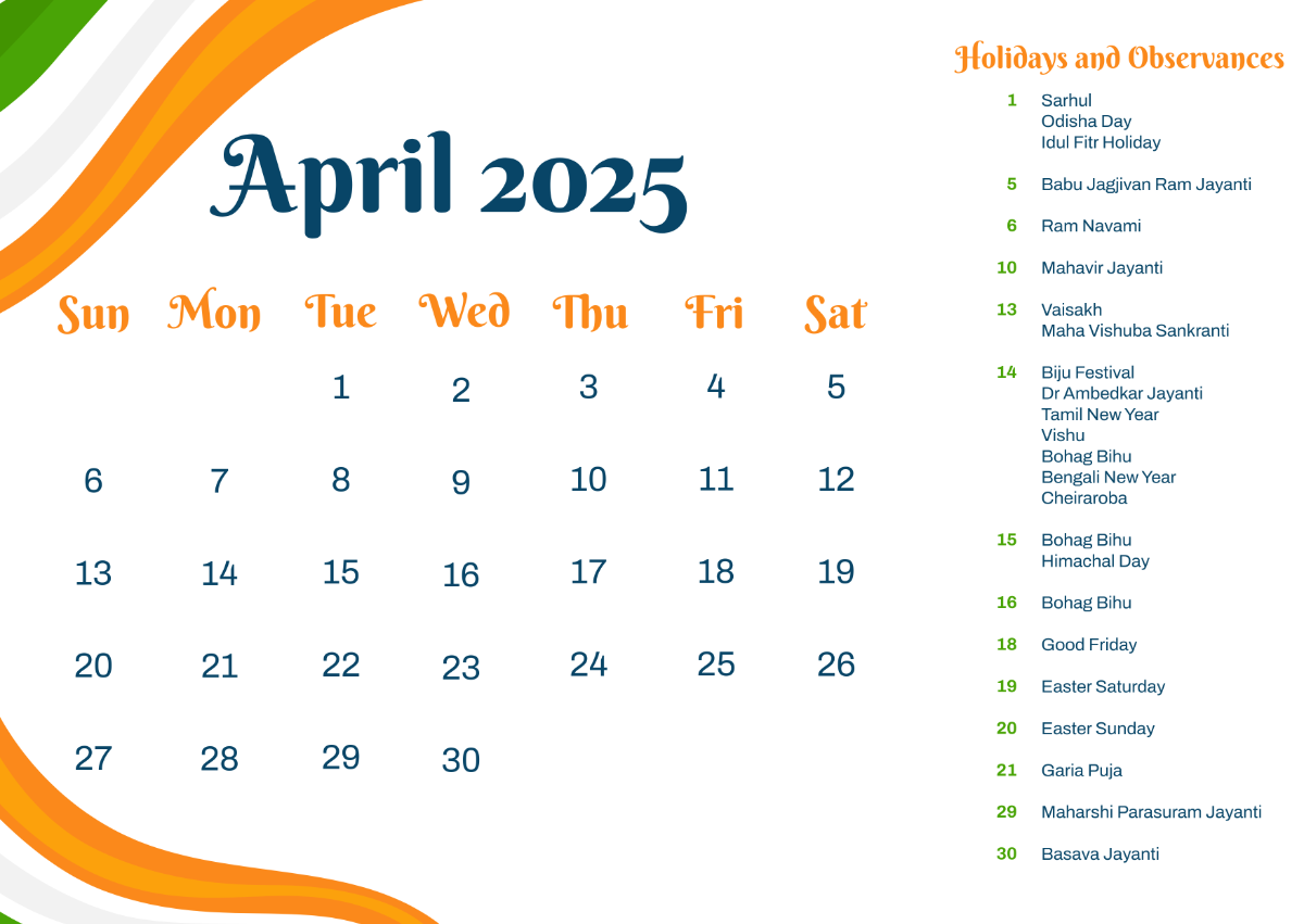 Free April 2025 Calendar with India Holidays Template