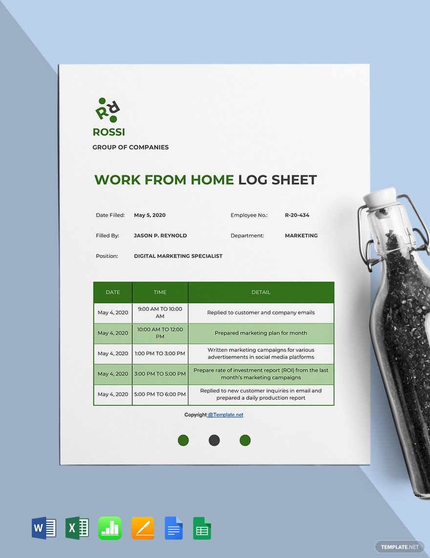 Sample Work From Home Log Sheet Template