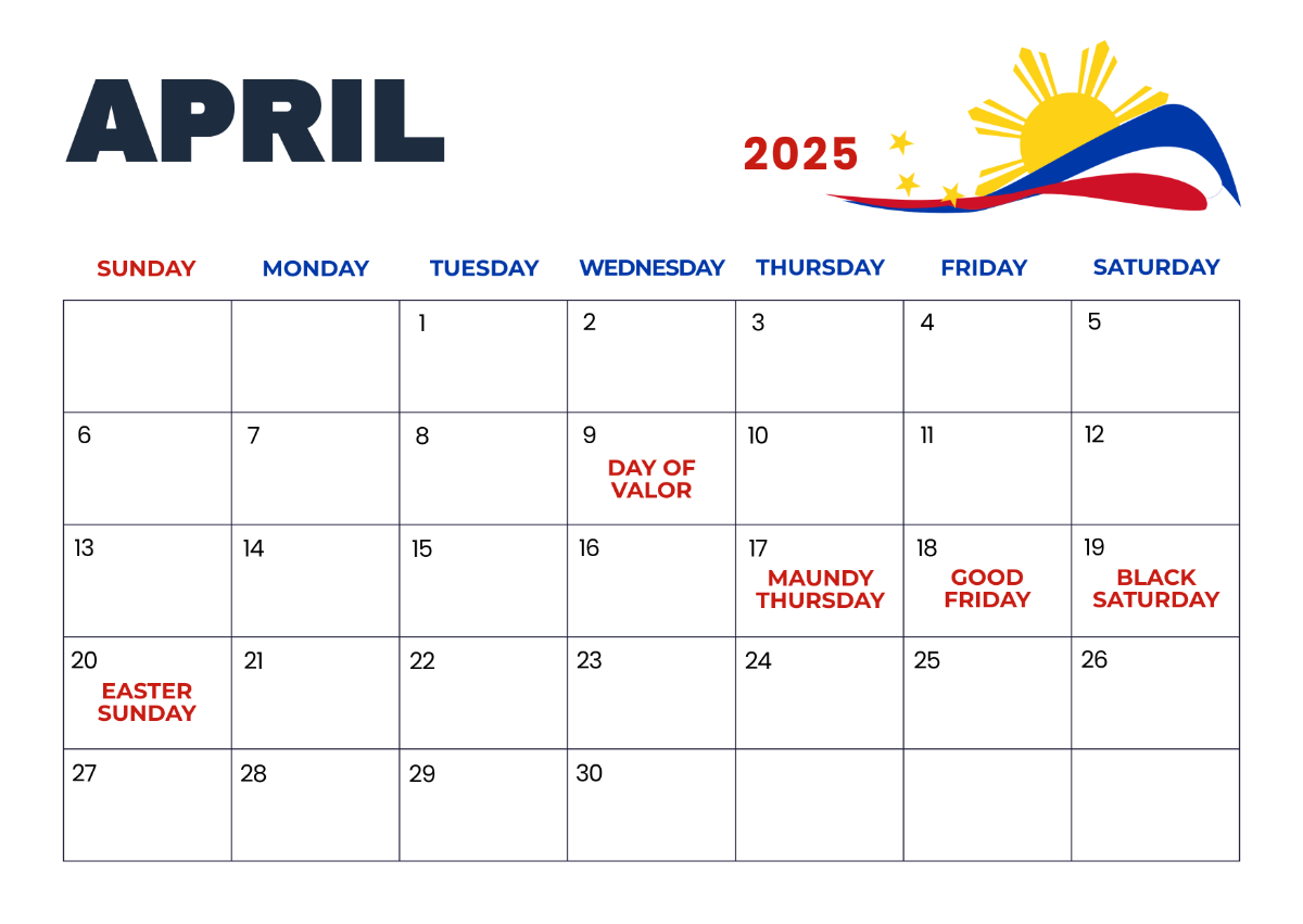 Free April 2025 Calendar with Philippine Holidays Template