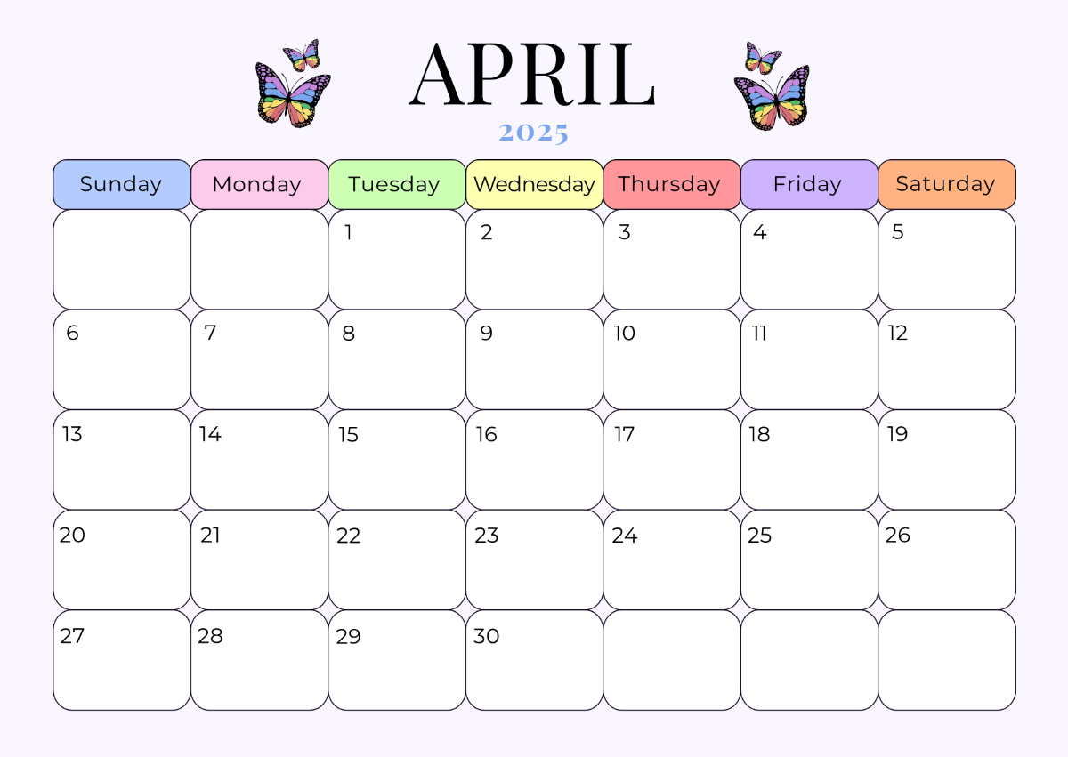 Free Colorful April 2025 Calendar Template