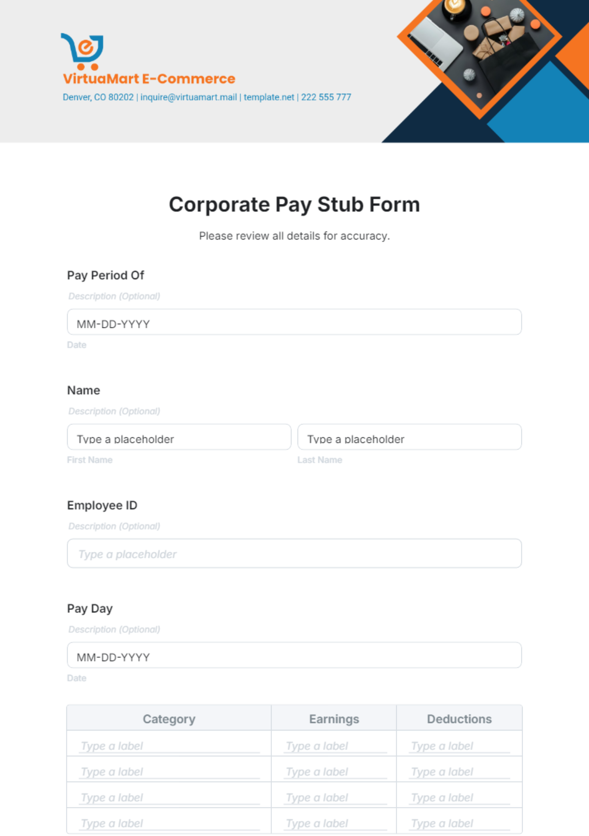 Free Corporate Pay Stub Form Template