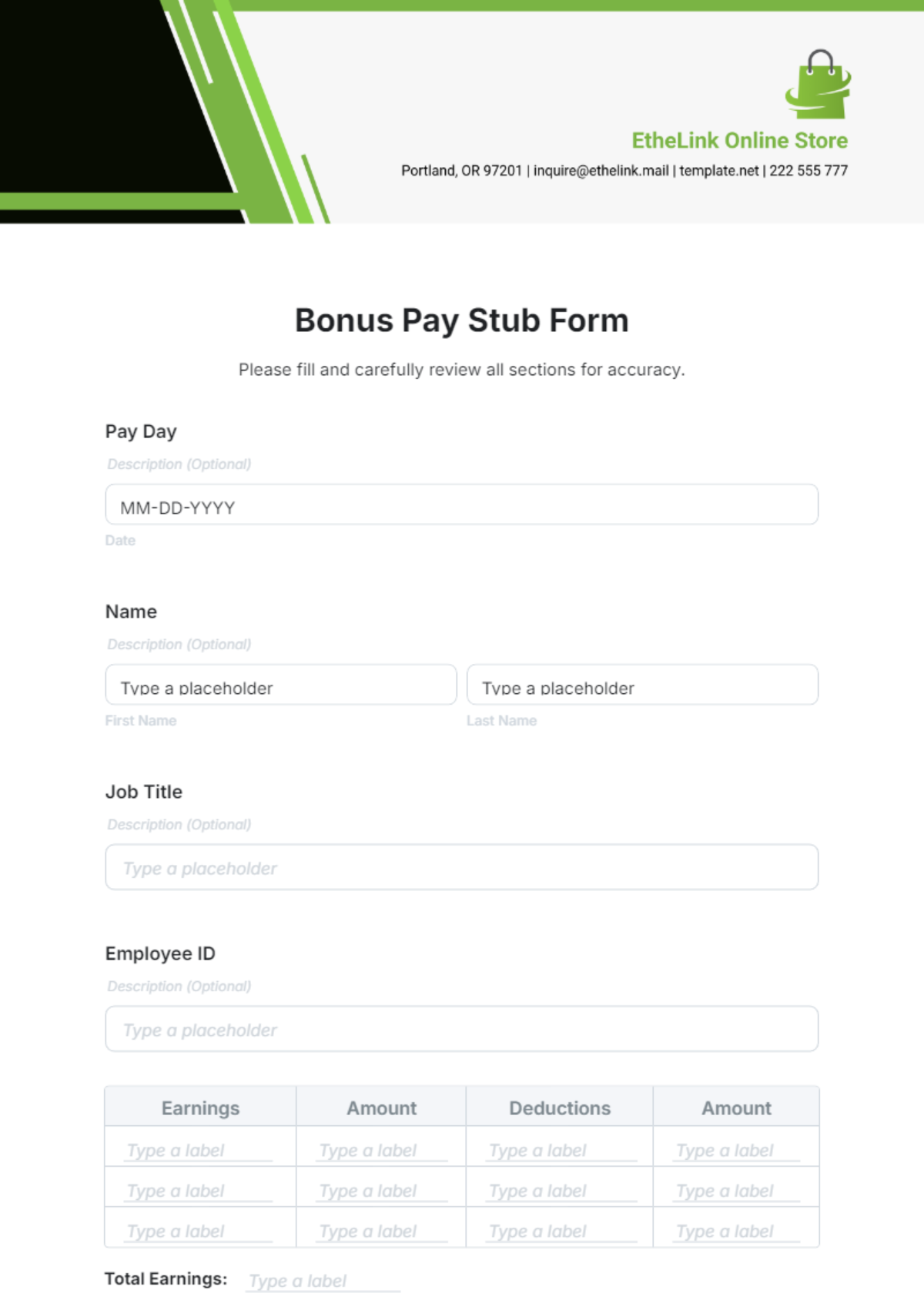 Free Bonus Pay Stub Form Template