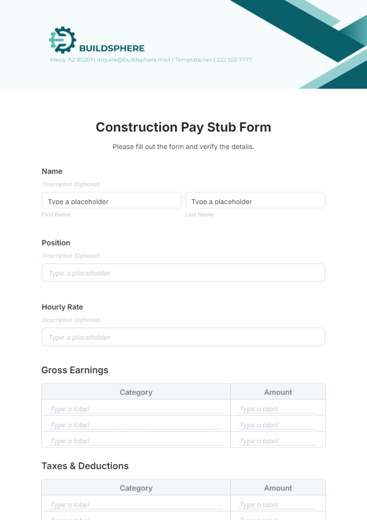 Free Construction Pay Stub Form Template