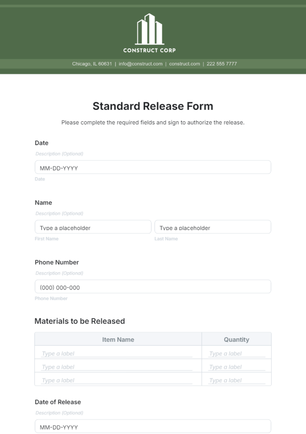 Free Standard Release Form Template