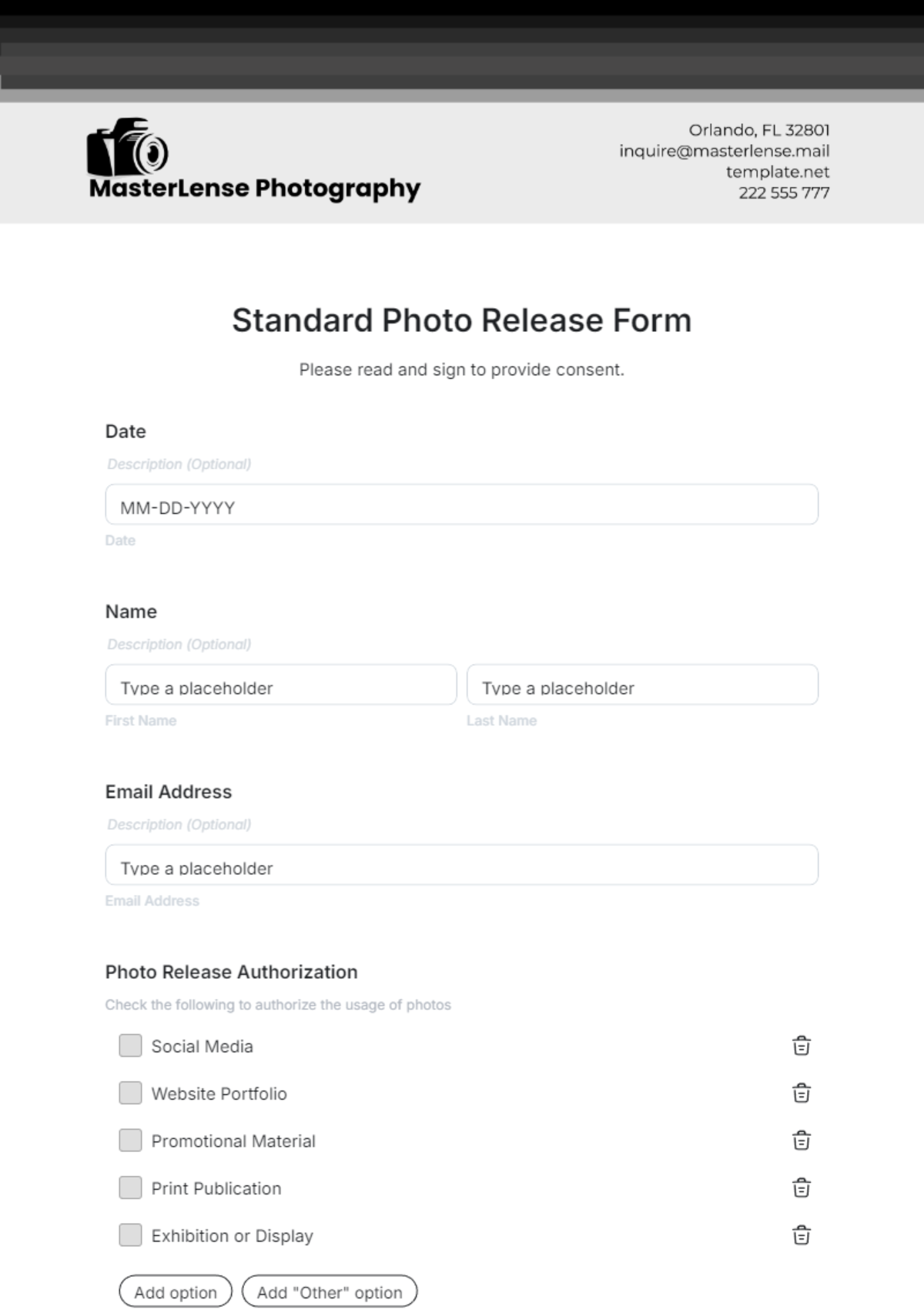 Free Standard Photo Release Form Template