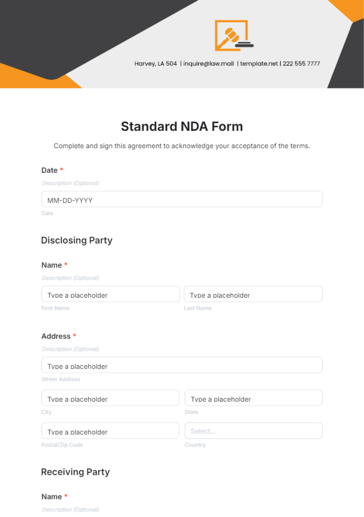 Free Standard NDA Form Template