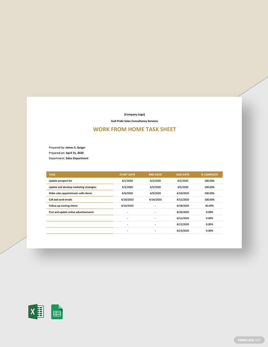 Work From Home Task Sheet Template