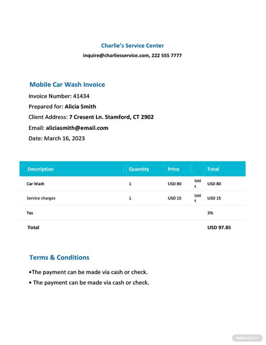 Mobile Car Wash Invoice Template in Google Docs, Google Sheets, Illustrator, PSD, InDesign, Word, Pages - Download | Template.net