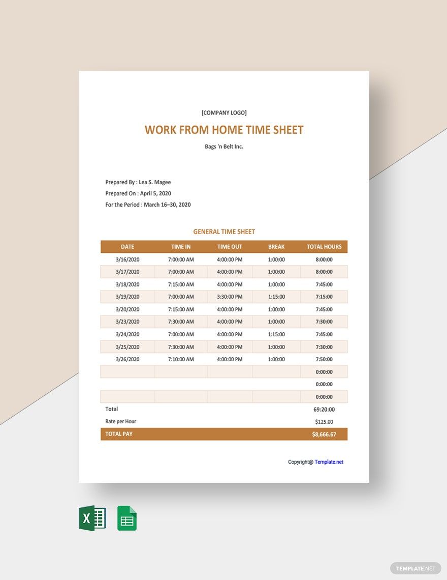 Free Sample Work From Home Timesheet Template