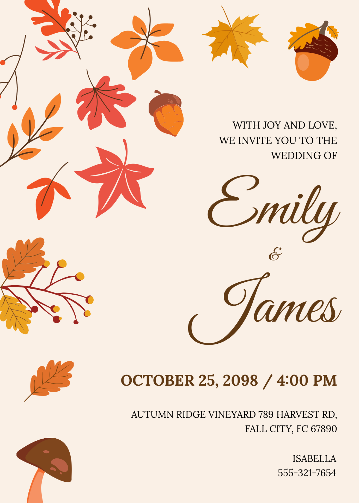 Free Fall Wedding Invitation with Acorns Template