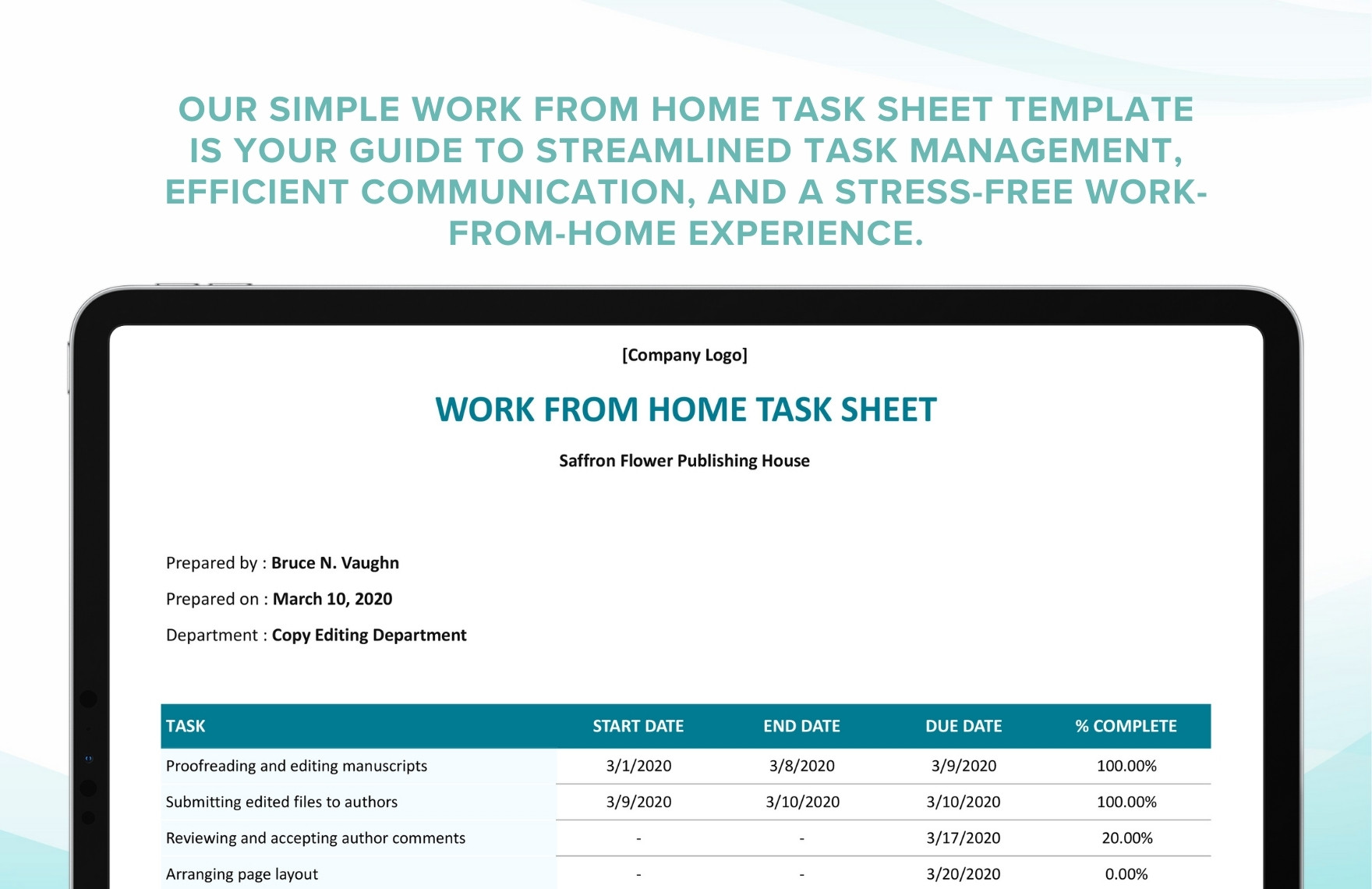 Simple Work From Home Task Sheet Template