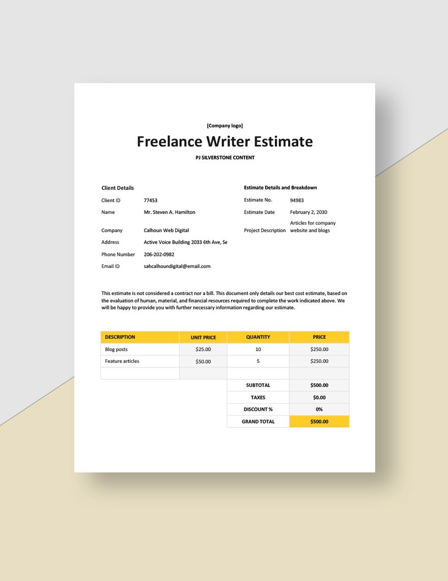 Freelance Writer Estimate Template in Excel Word Google Docs Google