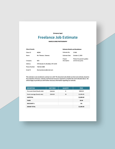 Sample Freelance Job Estimate