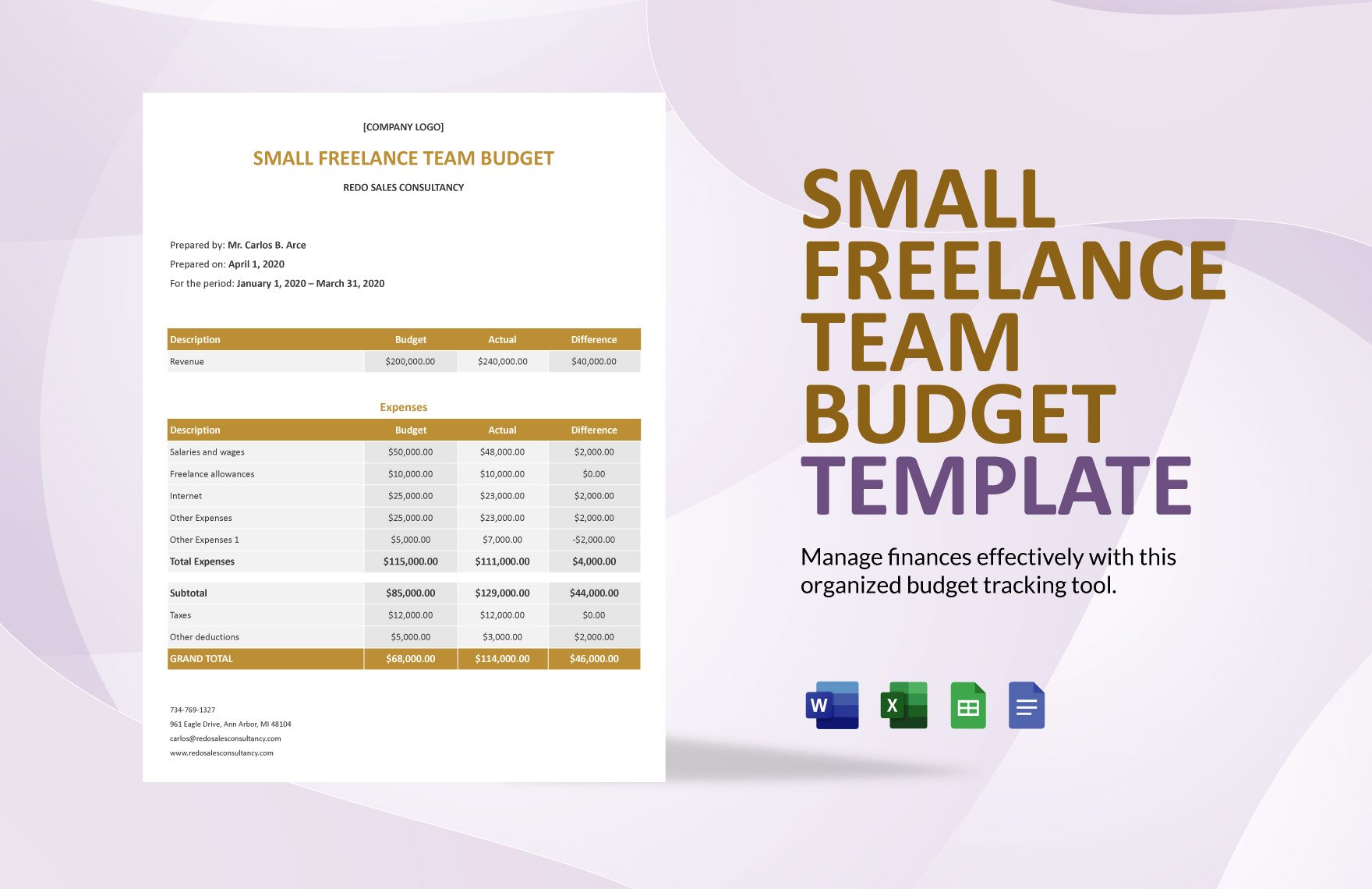 Free Small Freelance Team Budget Template in Word, Google Docs, Excel, Google Sheets