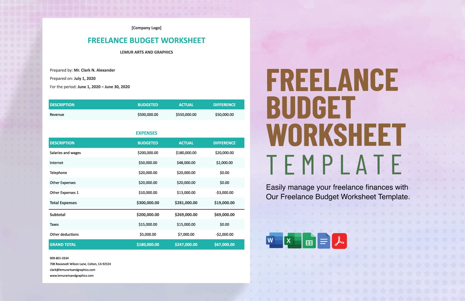 Freelance Budget Worksheet Template in Word, Google Docs, Excel, PDF, Google Sheets