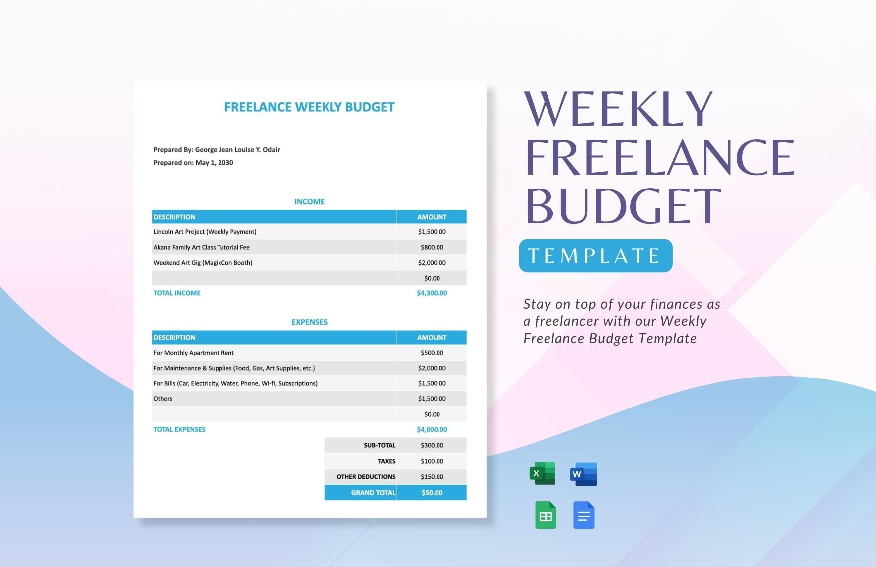 Free Weekly Freelance Budget Template in Word, Google Docs, Excel, Google Sheets