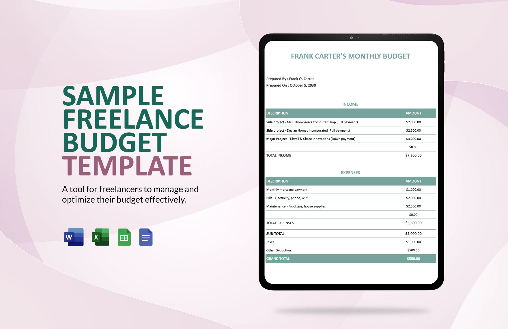 Free Sample Freelance Budget Template in Word, Google Docs, Excel, Google Sheets