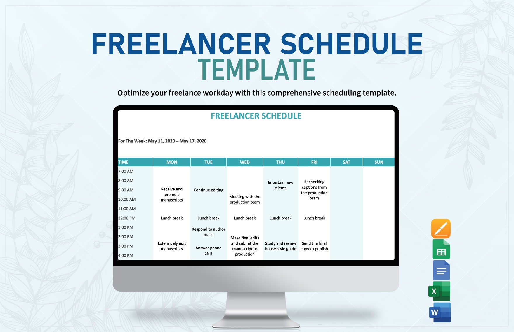 Freelancer Schedule Template in Word, Google Docs, Excel, Google Sheets, Apple Pages