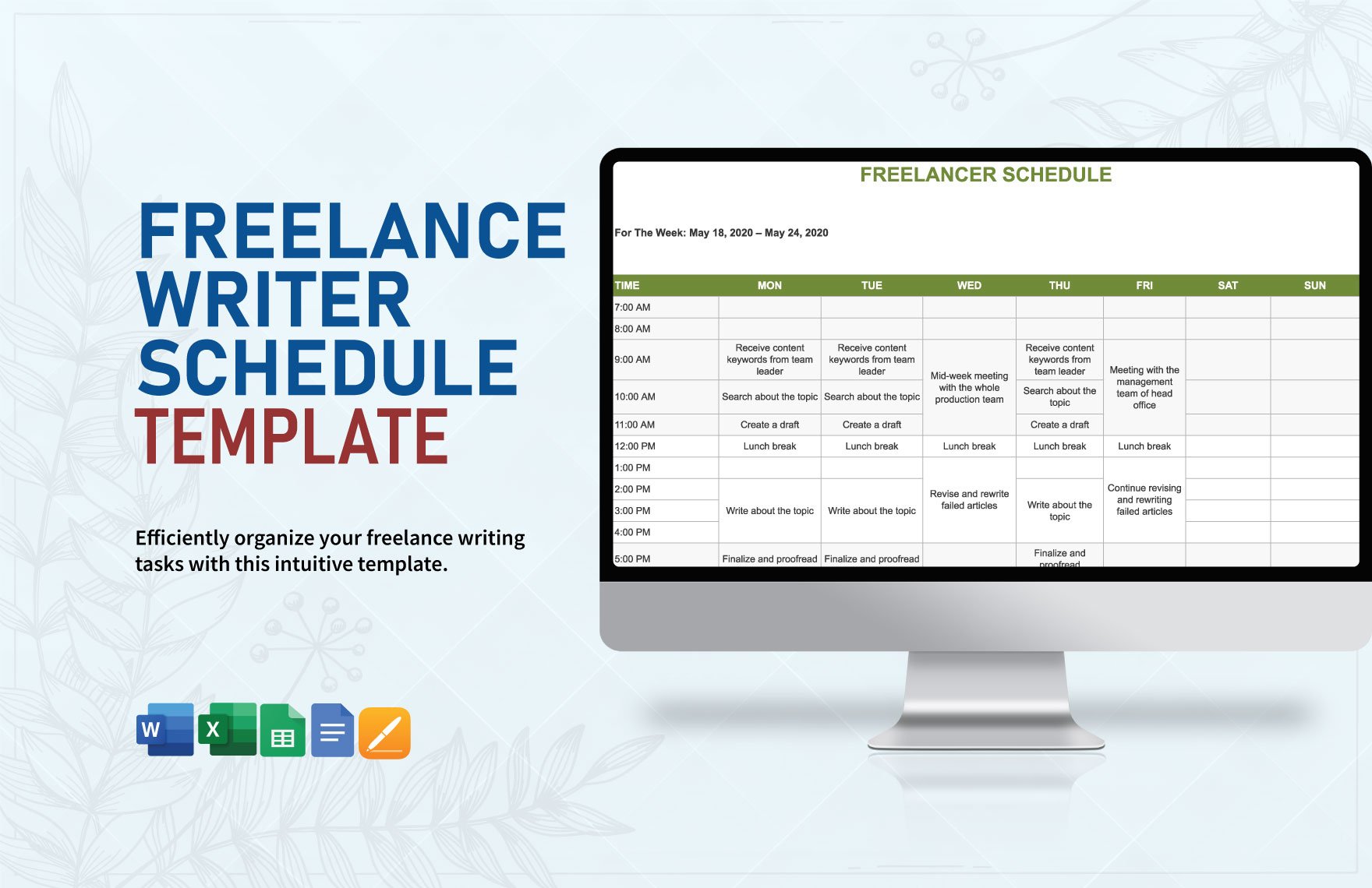 Freelance Writer Schedule Template in Word, Google Docs, Excel, Google Sheets, Apple Pages