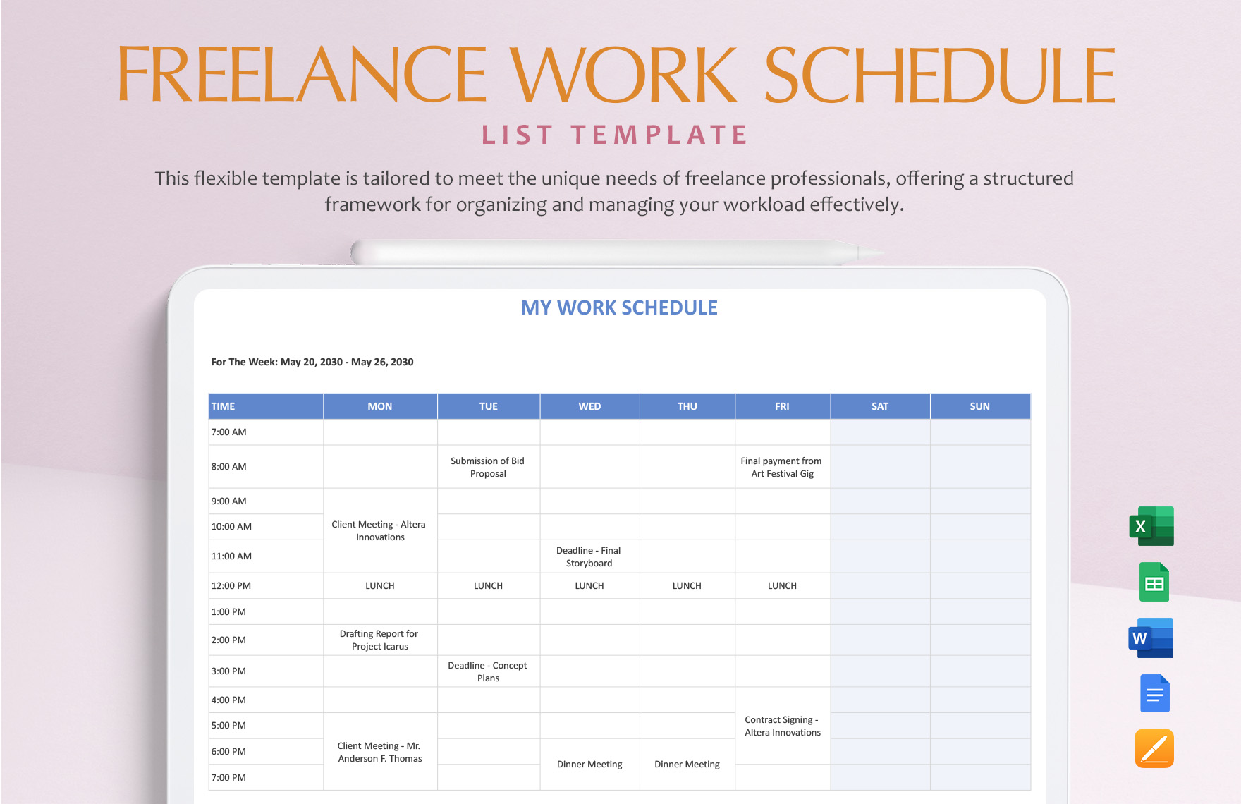 Freelance Work Schedule Template in Word, Google Docs, Excel, Google Sheets, Apple Pages