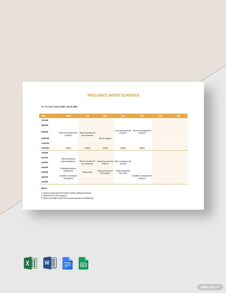 Freelance Artist Schedule Template in Word, Excel, Google Sheets