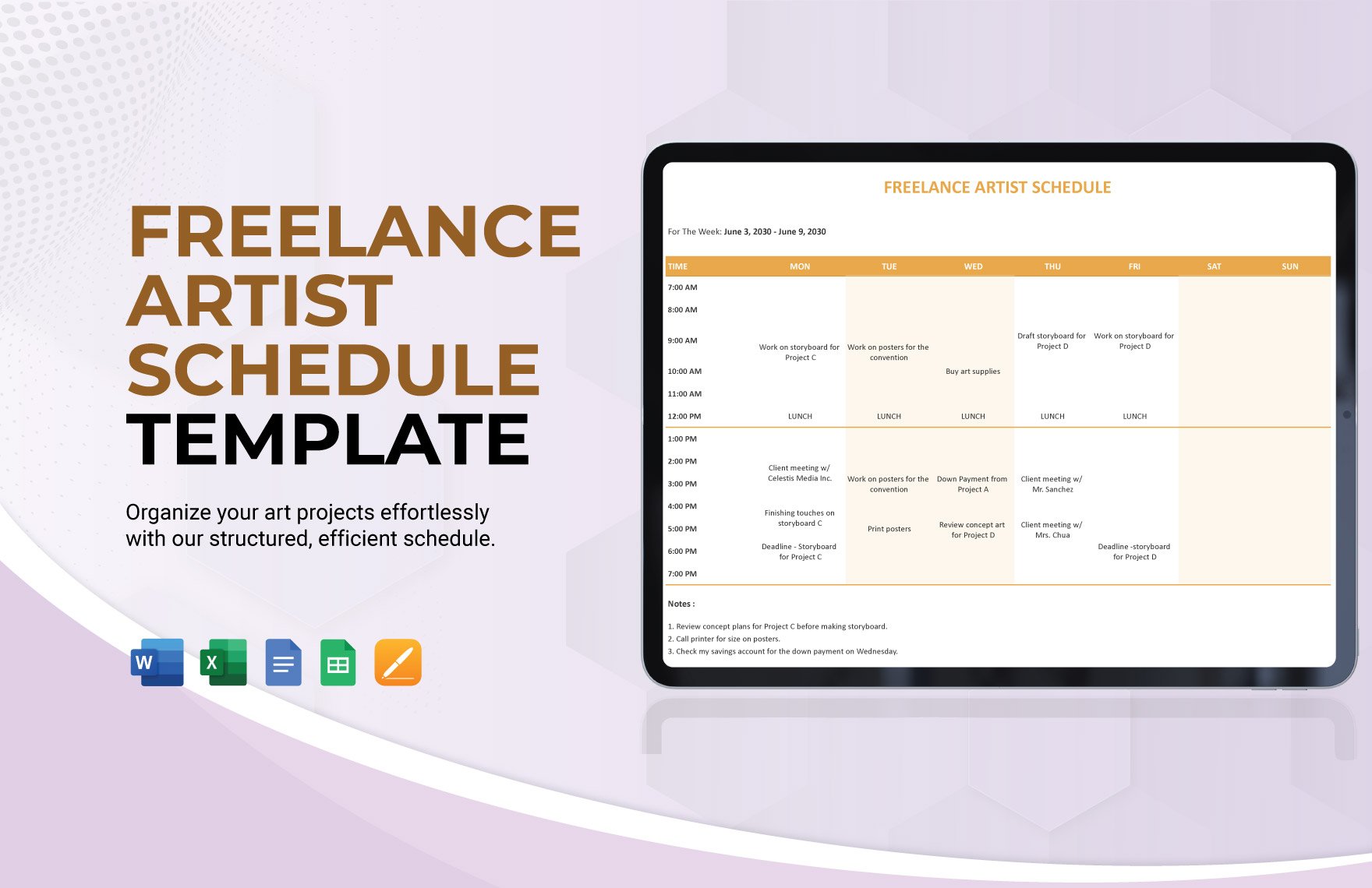 Freelance Artist Schedule Template in Word, Google Docs, Excel, Google Sheets, Apple Pages