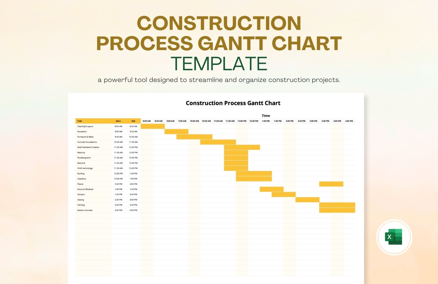 Construction Process Gantt Chart Template in Excel