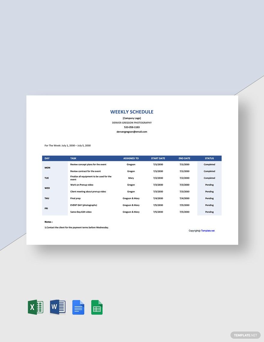 Weekly Freelance Schedule Template in Google Sheets, Excel, Word, Google Docs, Pages - Download | Template.net