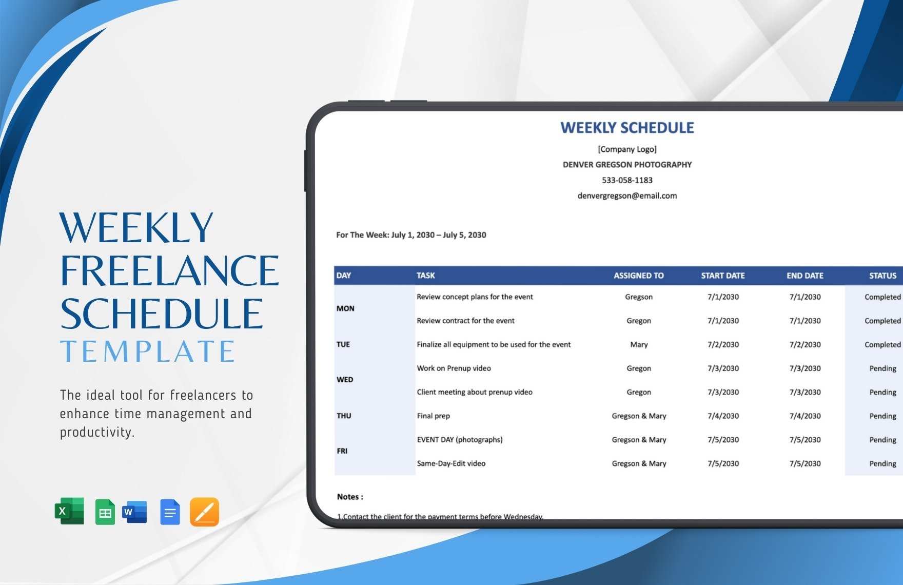 Weekly Freelance Schedule Template in Word, Google Docs, Excel, Google Sheets, Apple Pages