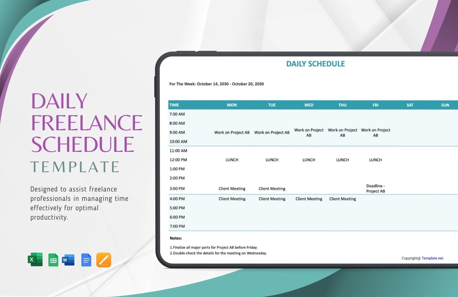 Daily Freelance Schedule Template in Word, Google Docs, Excel, Google Sheets, Apple Pages