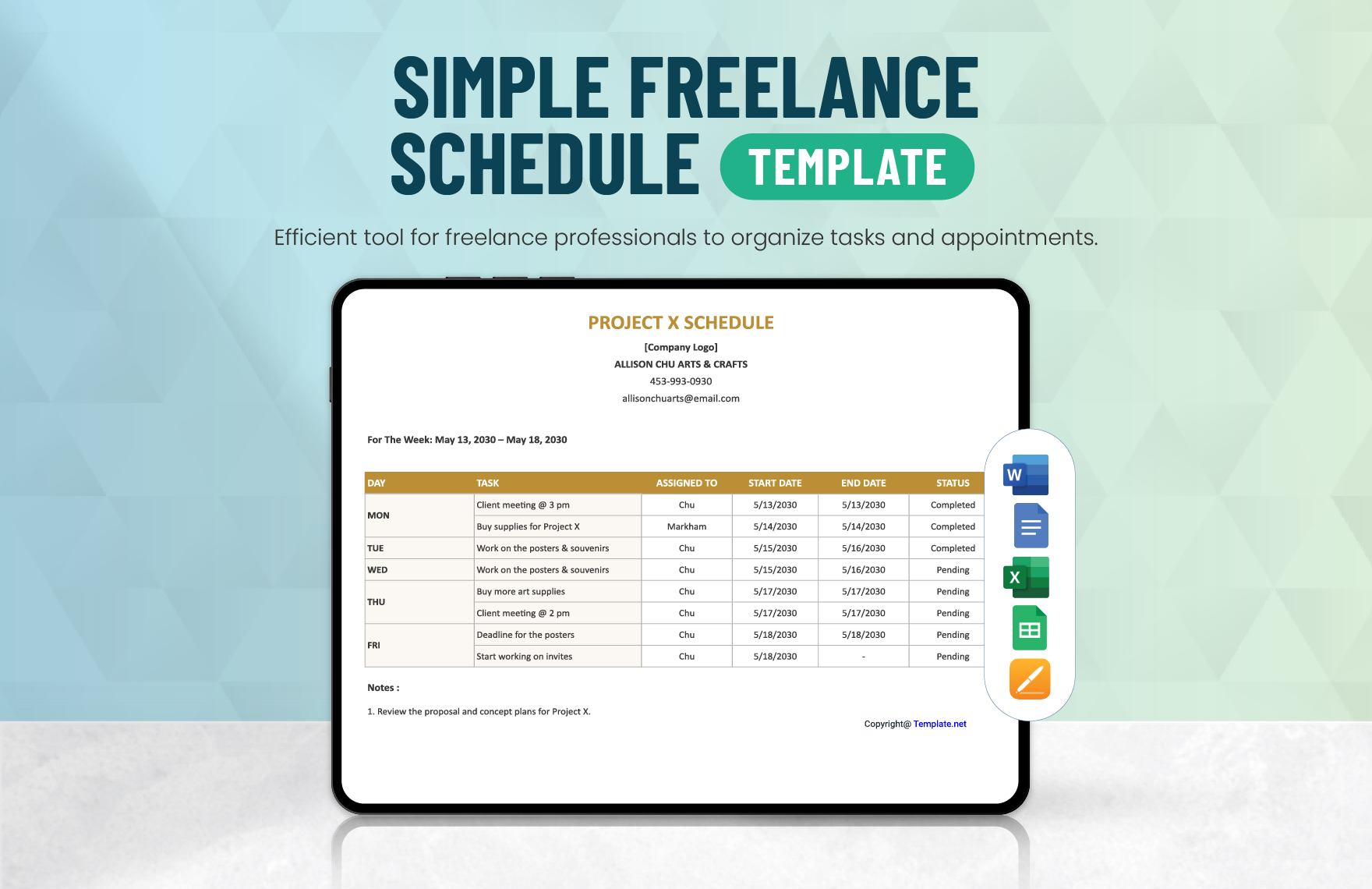 Free Simple Freelance Schedule Template in Word, Google Docs, Excel, Google Sheets, Apple Pages