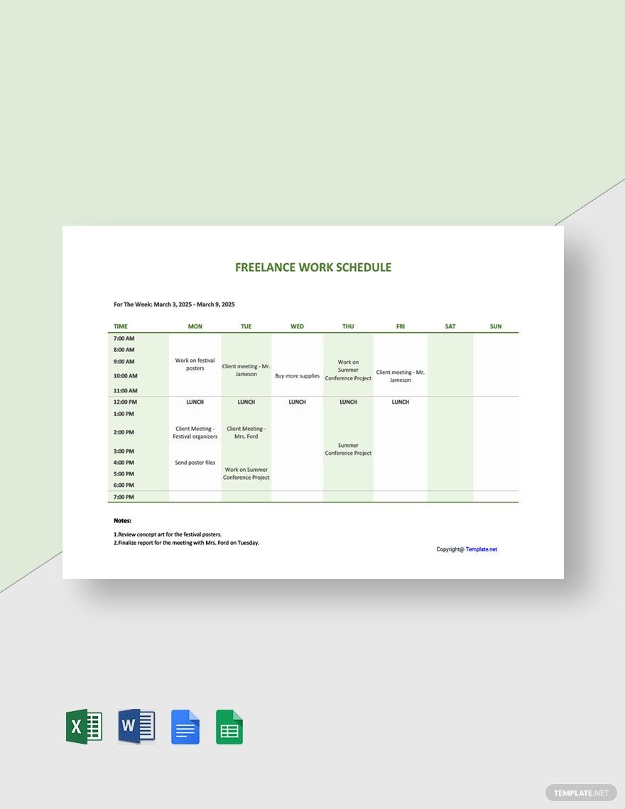 Sample Freelance Schedule Template in Google Sheets, Excel, Word, Google Docs, Pages - Download | Template.net