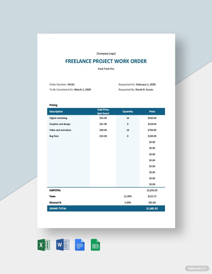 Freelance Contract Work Order Template - Google Docs, Google Sheets, Excel,  Word 