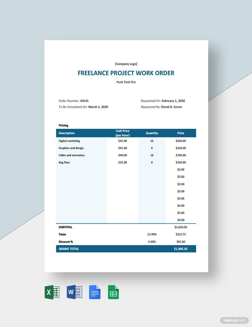 Freelance Project Order Template in Word, Google Docs, Excel, Google Sheets