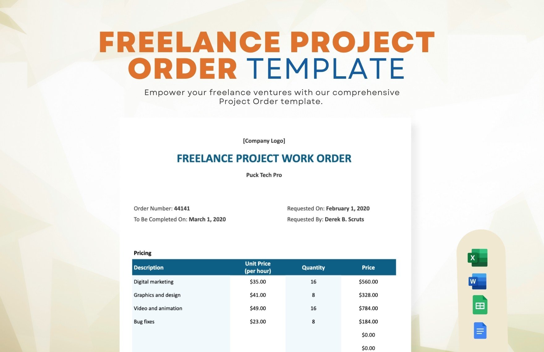 Freelance Project Order Template in Word, Google Docs, Excel, Google Sheets