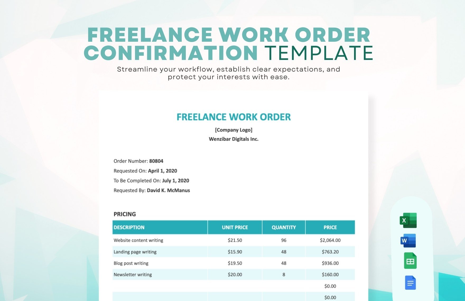 Freelance Work Order Confirmation Template in Word, Google Docs, Excel, Google Sheets