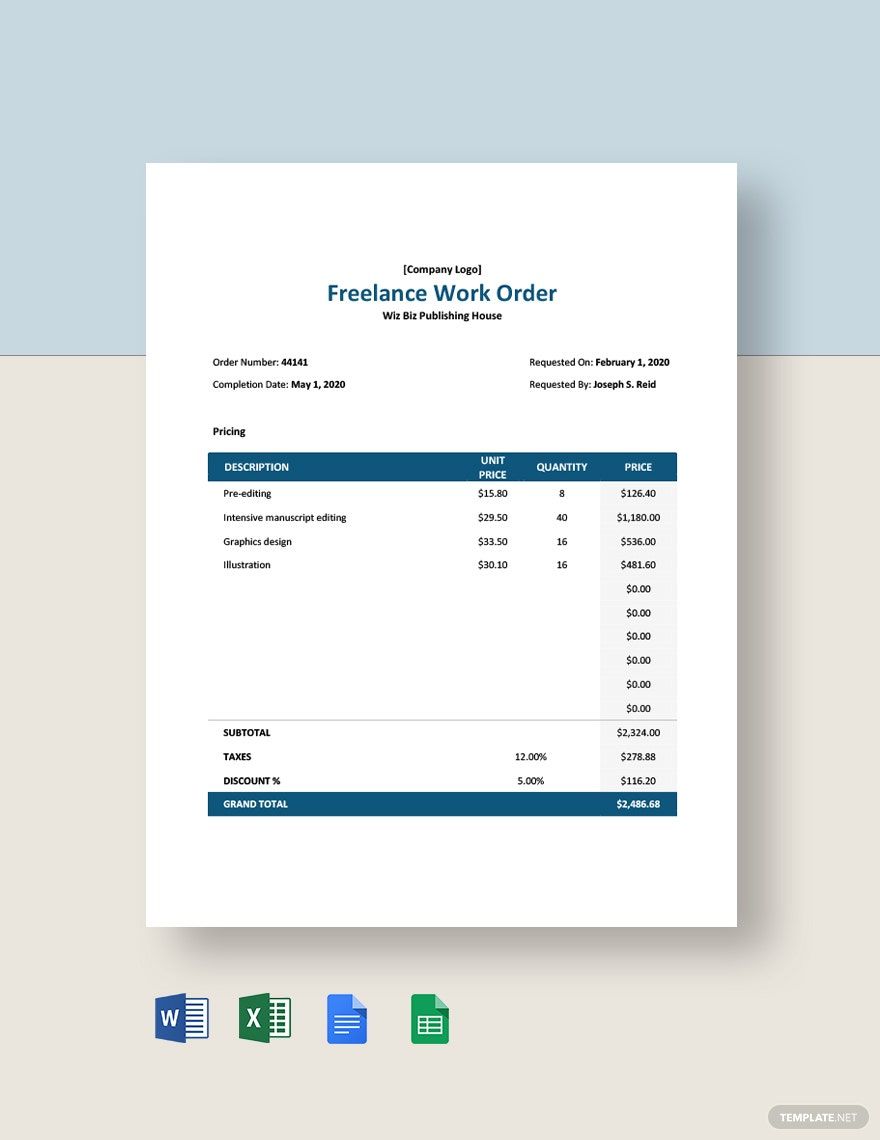 Freelance Work Order Template in Word, Google Docs, Excel, Google Sheets