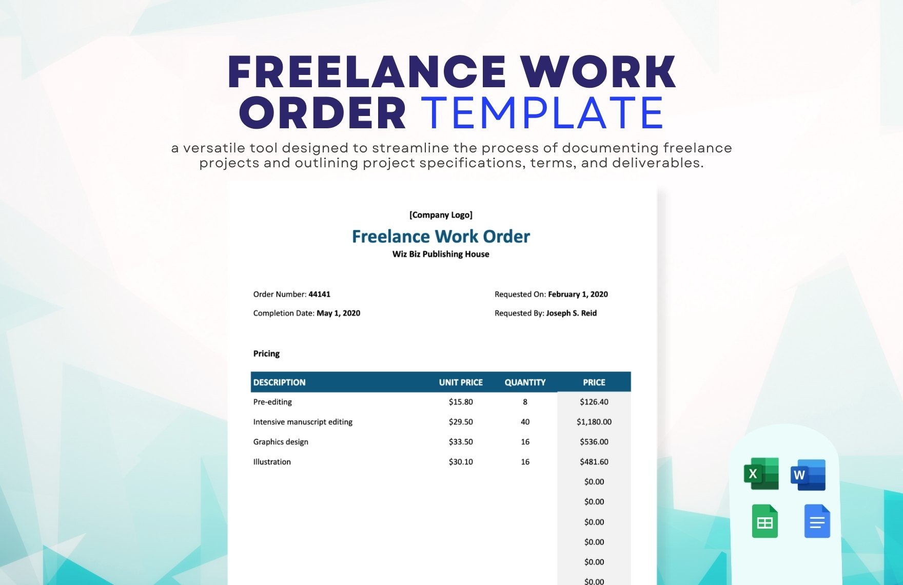 Freelance Work Order Template in Word, Google Docs, Excel, Google Sheets