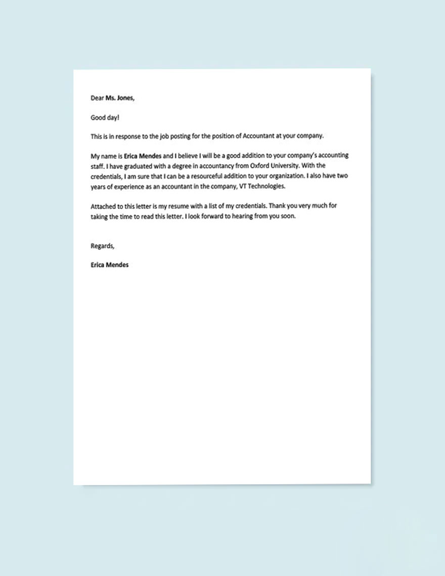 Accountant Application Letter Template