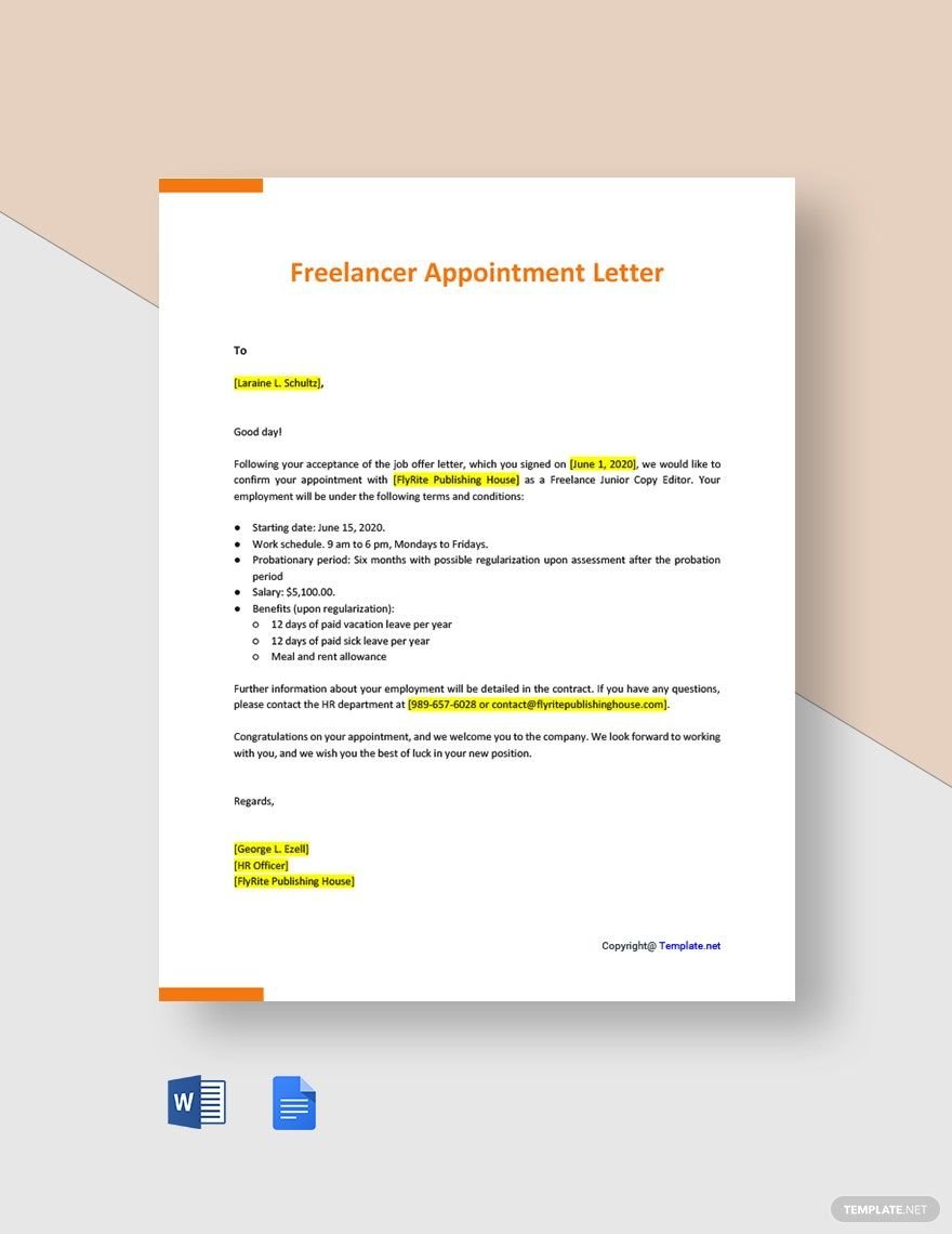 Freelancer Appointment Letter in Google Docs PDF Word Download