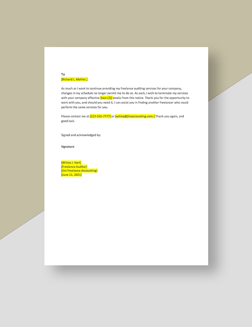 Freelance Two Weeks Notice Template