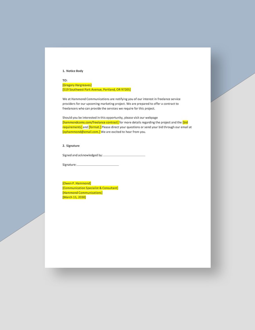 Freelance Contract Notice Template