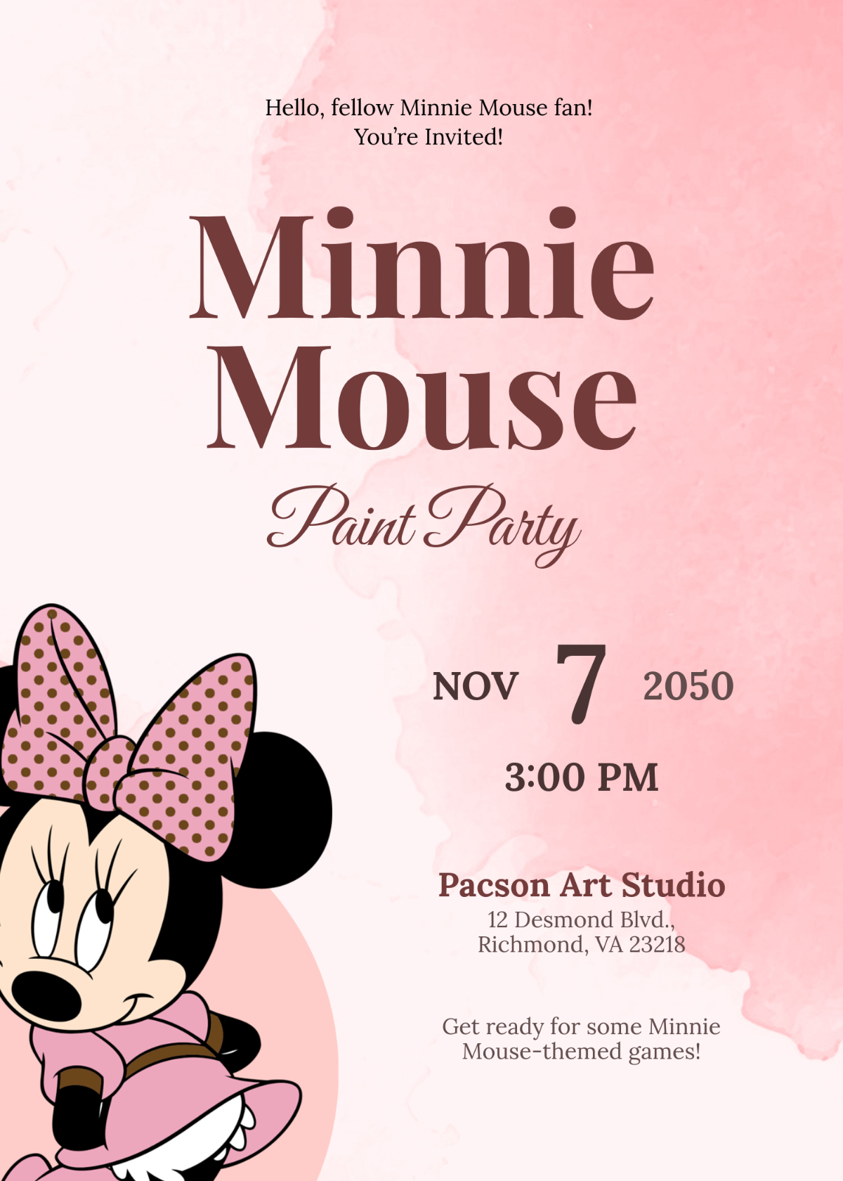 Free Minnie Mouse Watercolor Invitation Template