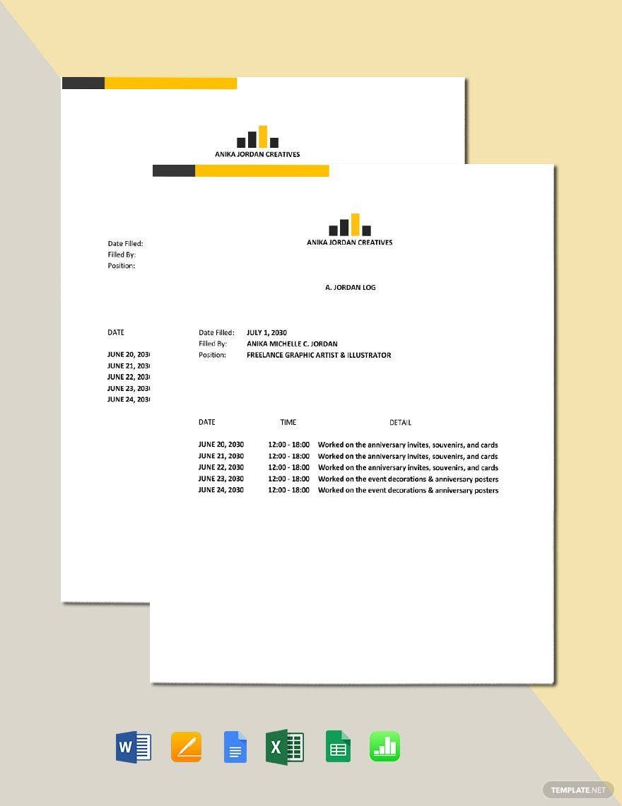Freelance Activity Log Template in Word, Google Docs, Excel, Google Sheets, Apple Pages, Apple Numbers