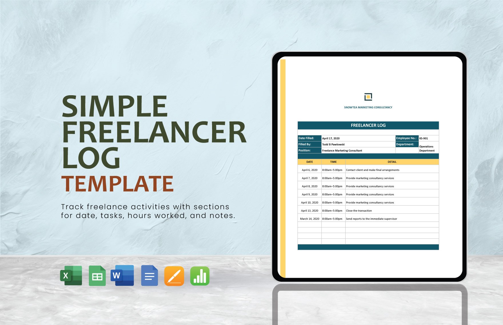 Free Simple Freelancer Log Template in Word, Google Docs, Excel, Google Sheets, Apple Pages, Apple Numbers