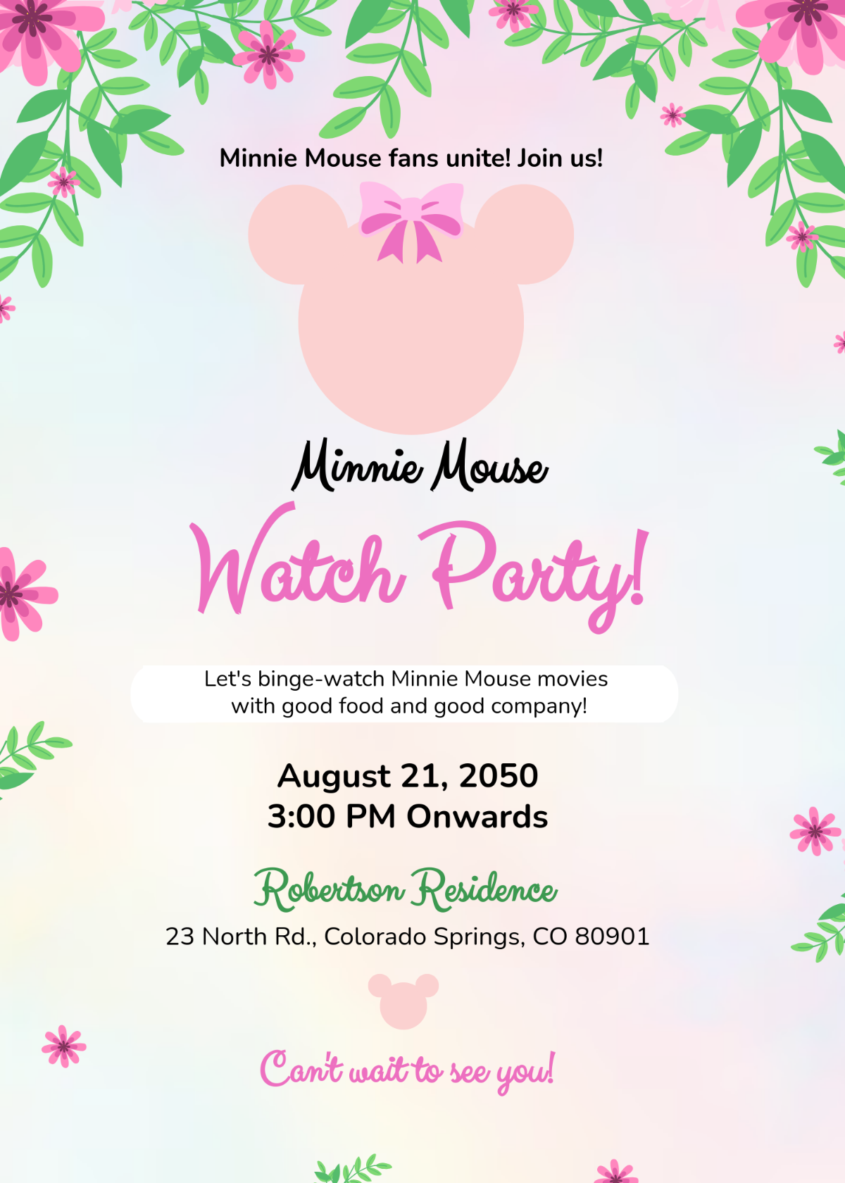 Free Simple Minnie Mouse Party Invitation Template