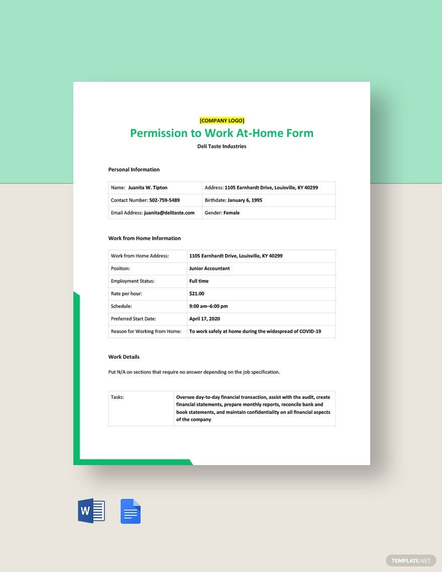 Permission to Work At-Home Form Template