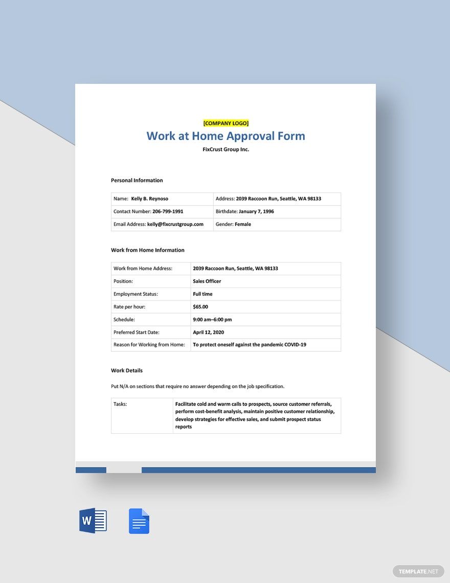 Free Work at Home Approval Form Template